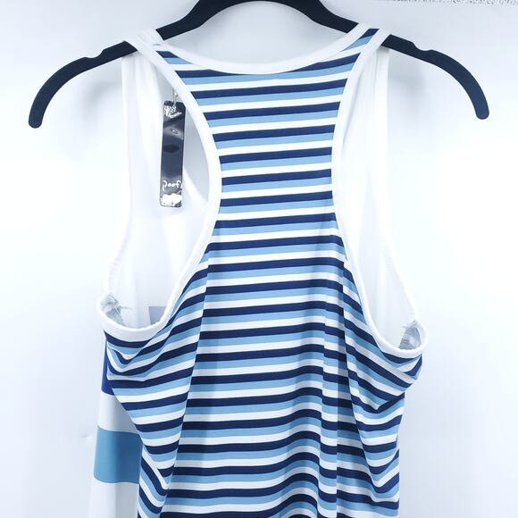 Poof! Sporty Athletic Retro Bright Blue Striped Racerback Tank Modern Chic Large - Picture 8 of 10